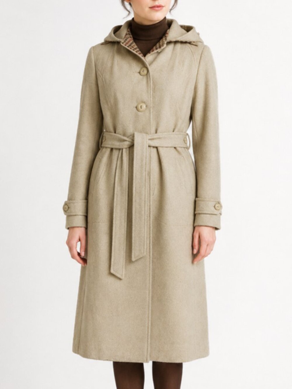 Vintage 70s WOOL Coat Twee Union Made Oatmeal Beige Academia Hooded Belted Midi